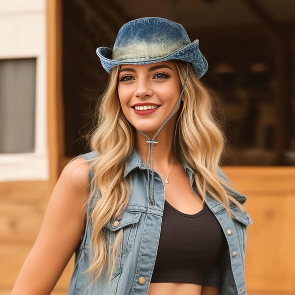 Denim Bucket Hat Women Blue Tie Dye Wide Brim Sun Cap Outdoor Stylish - Picture 2 of 6